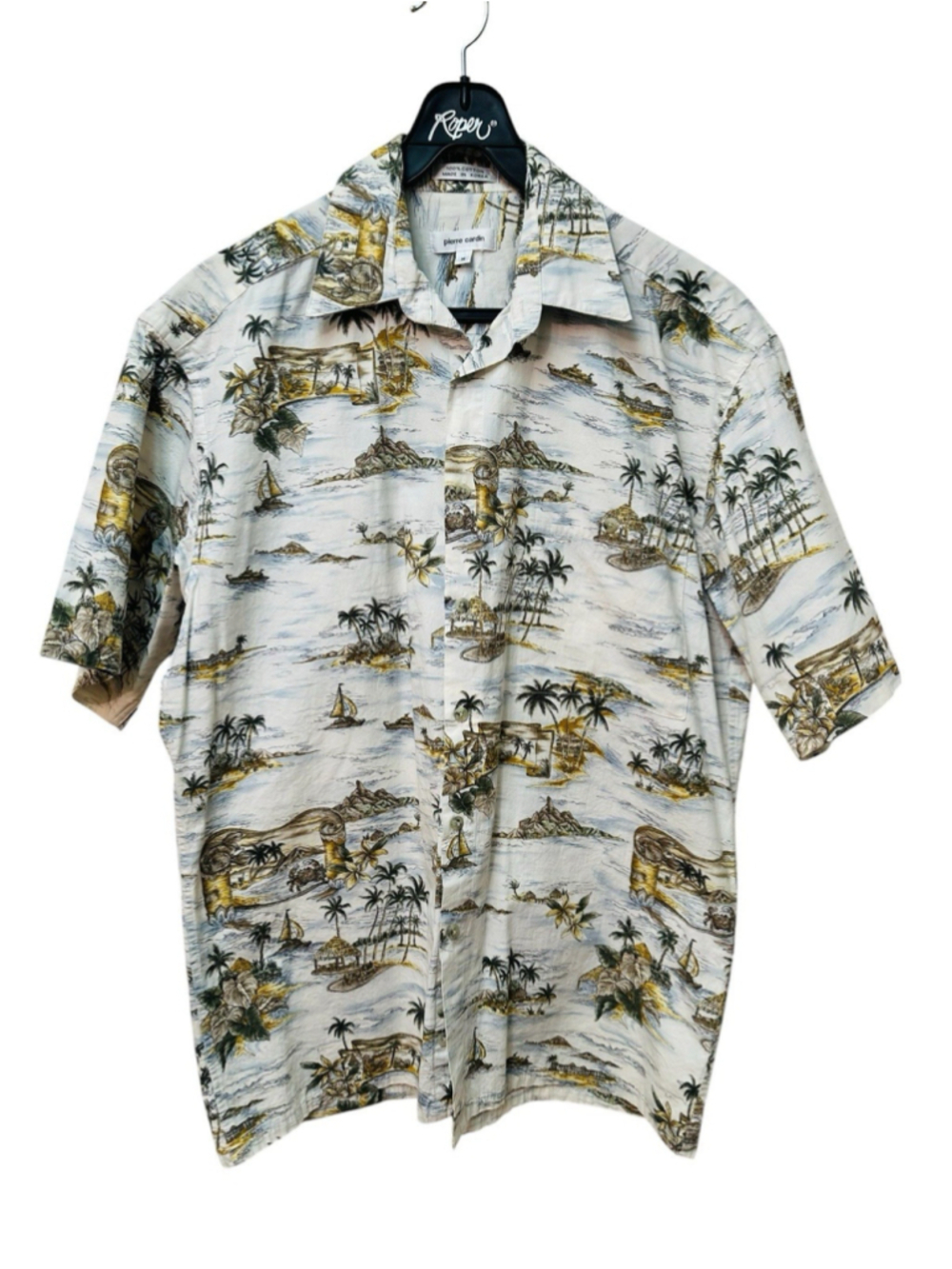 Pierre Cardin Hawaiian Button Shirt 100% Cotton Mens Medium Luau Tropical Island